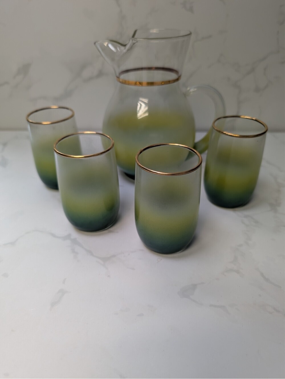 Vintage Blendo Green Yellow Ombre Pitcher & 4 Tumblers Gold Trim MCM Glass